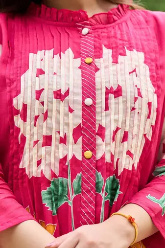 Floral Printed Mandarin Collar Pleated  Cotton A-Line Kurta With Trousers