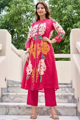 Floral Printed Mandarin Collar Pleated  Cotton A-Line Kurta With Trousers