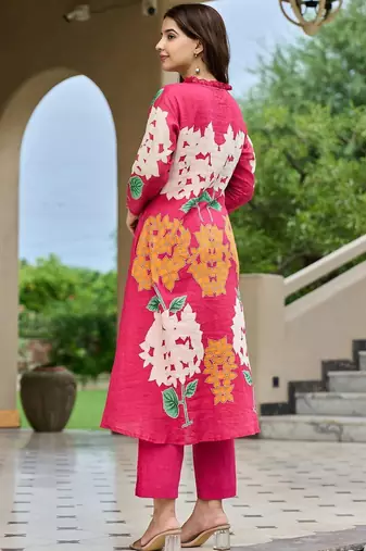Floral Printed Mandarin Collar Pleated  Cotton A-Line Kurta With Trousers