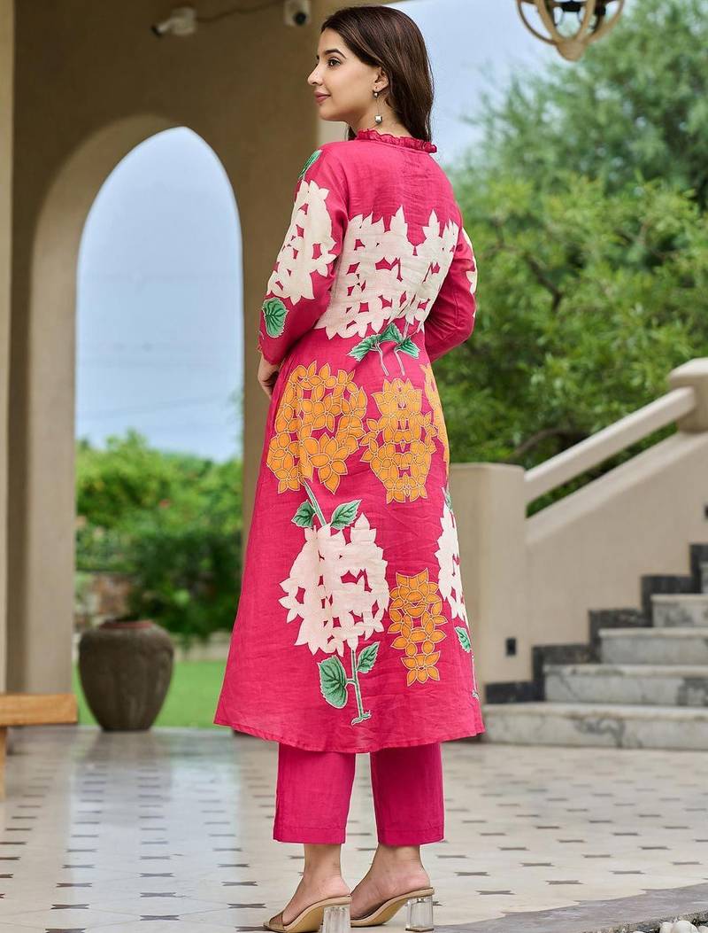 Floral Printed Mandarin Collar Pleated  Cotton A-Line Kurta With Trousers