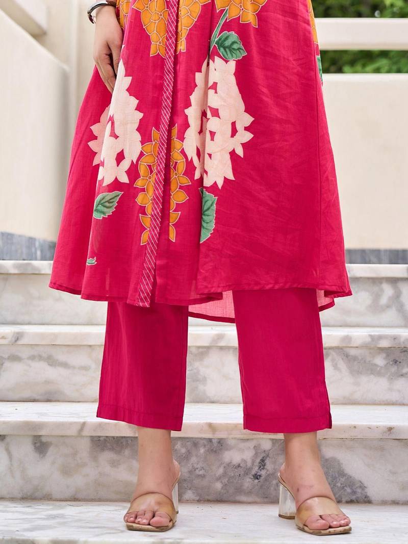 Floral Printed Mandarin Collar Pleated  Cotton A-Line Kurta With Trousers
