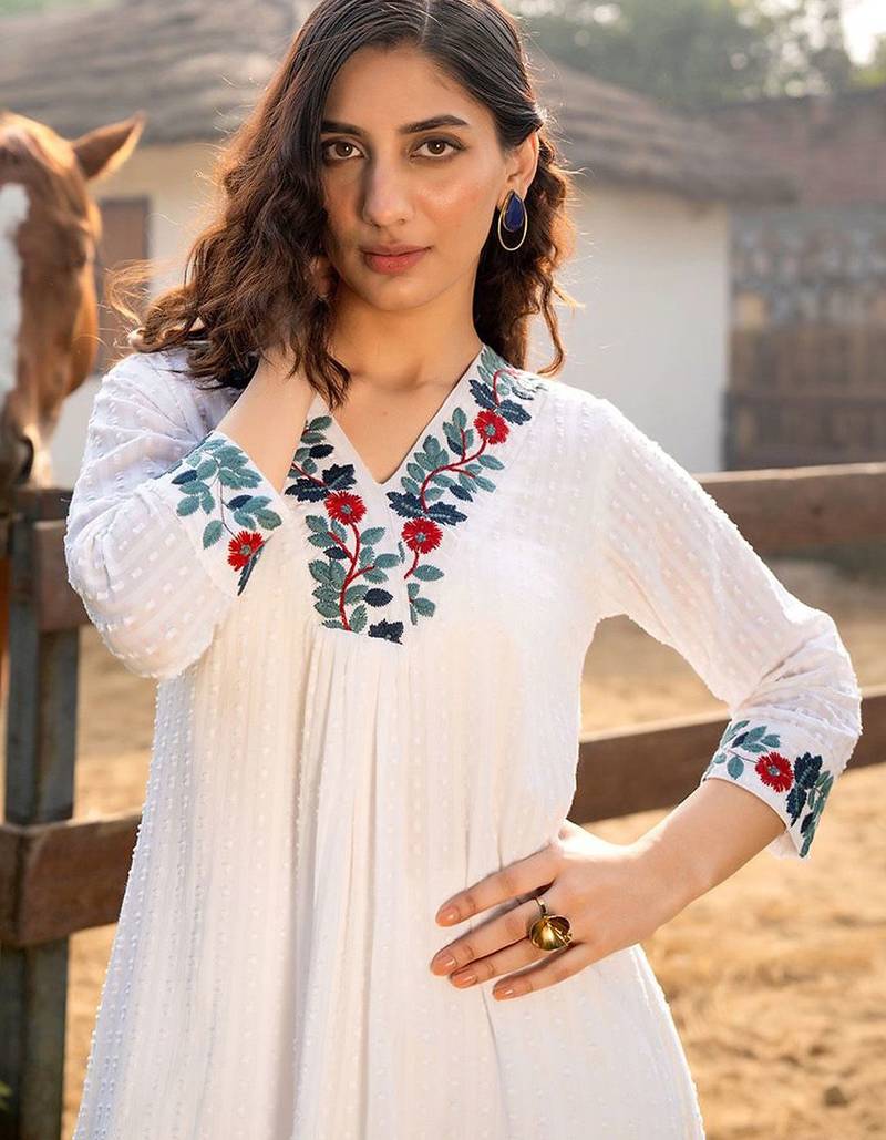Floral Embroidered V-Neck A-Line  Cotton Kurta WIth Trousers