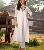 Floral Embroidered V-Neck A-Line  Cotton Kurta WIth Trousers