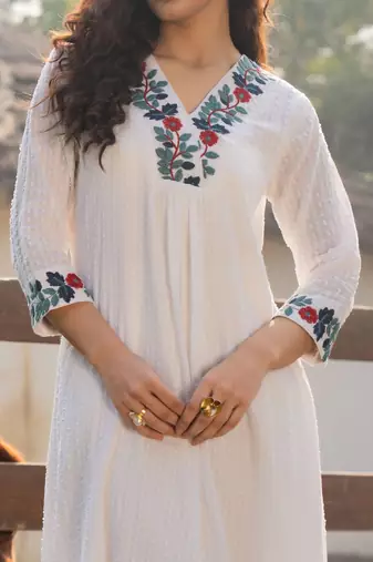 Floral Embroidered V-Neck A-Line  Cotton Kurta WIth Trousers