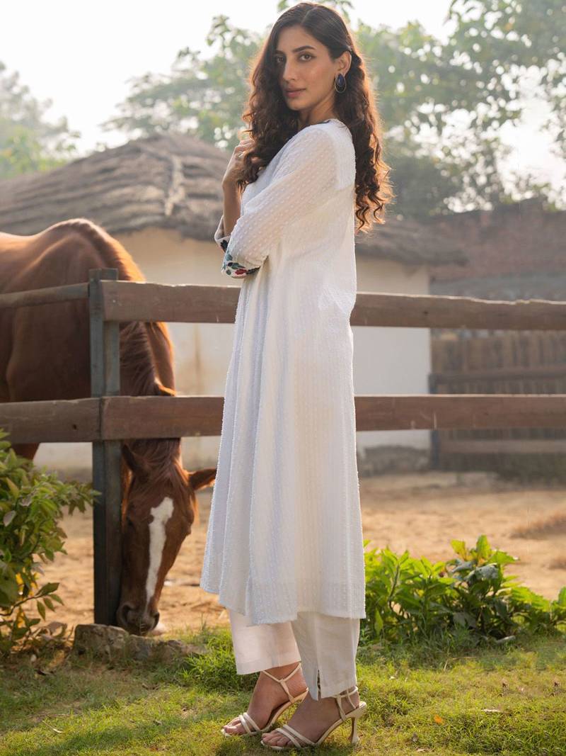 Floral Embroidered V-Neck A-Line  Cotton Kurta WIth Trousers