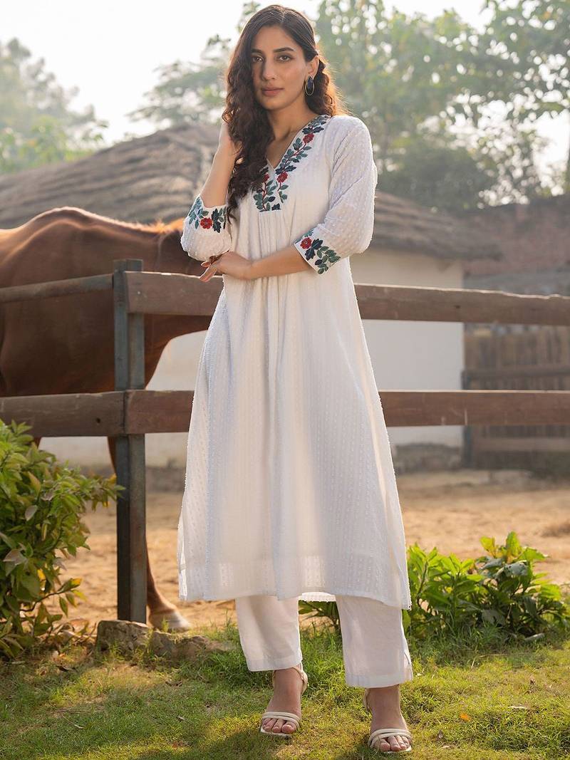 Floral Embroidered V-Neck A-Line  Cotton Kurta WIth Trousers