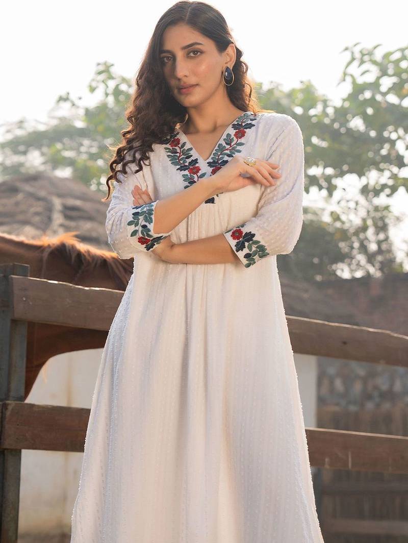 Floral Embroidered V-Neck A-Line  Cotton Kurta WIth Trousers
