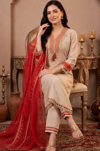 Women Ethnic Motifs Embroidered Mirror Work Kurta with Trousers & With Dupatta