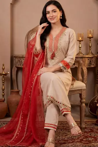 Women Ethnic Motifs Embroidered Regular Mirror Work Kurta with Trousers & With Dupatta