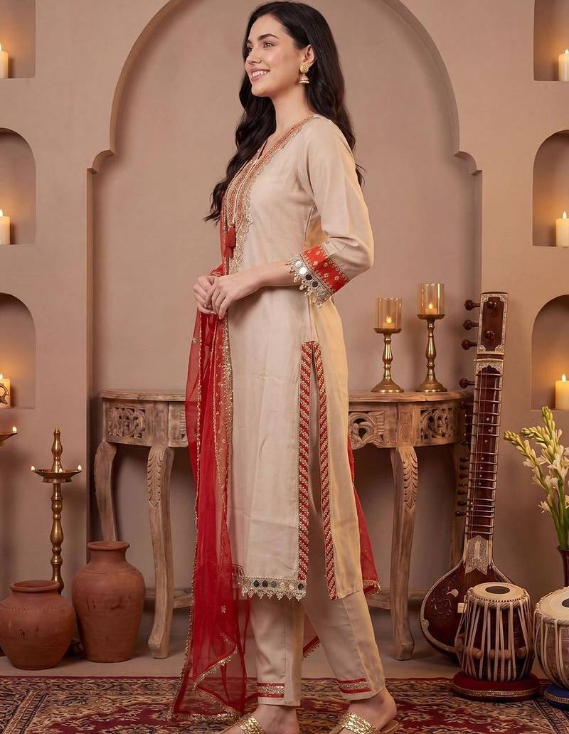 Women Ethnic Motifs Embroidered Regular Mirror Work Kurta with Trousers & With Dupatta