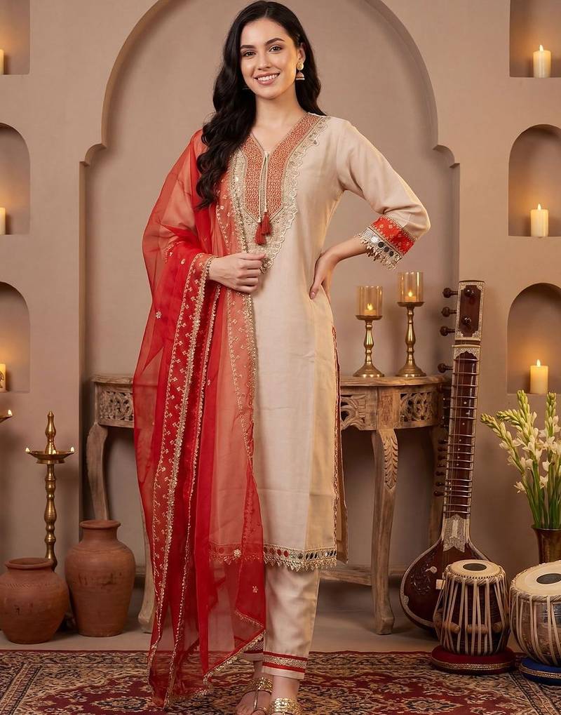 Women Ethnic Motifs Embroidered Regular Mirror Work Kurta with Trousers & With Dupatta