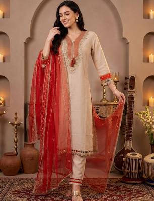 Women Ethnic Motifs Embroidered Regular Mirror Work Kurta with Trousers & With Dupatta 6