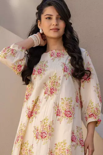 Floral Printed A Line  Cotton Kurta With Trousers