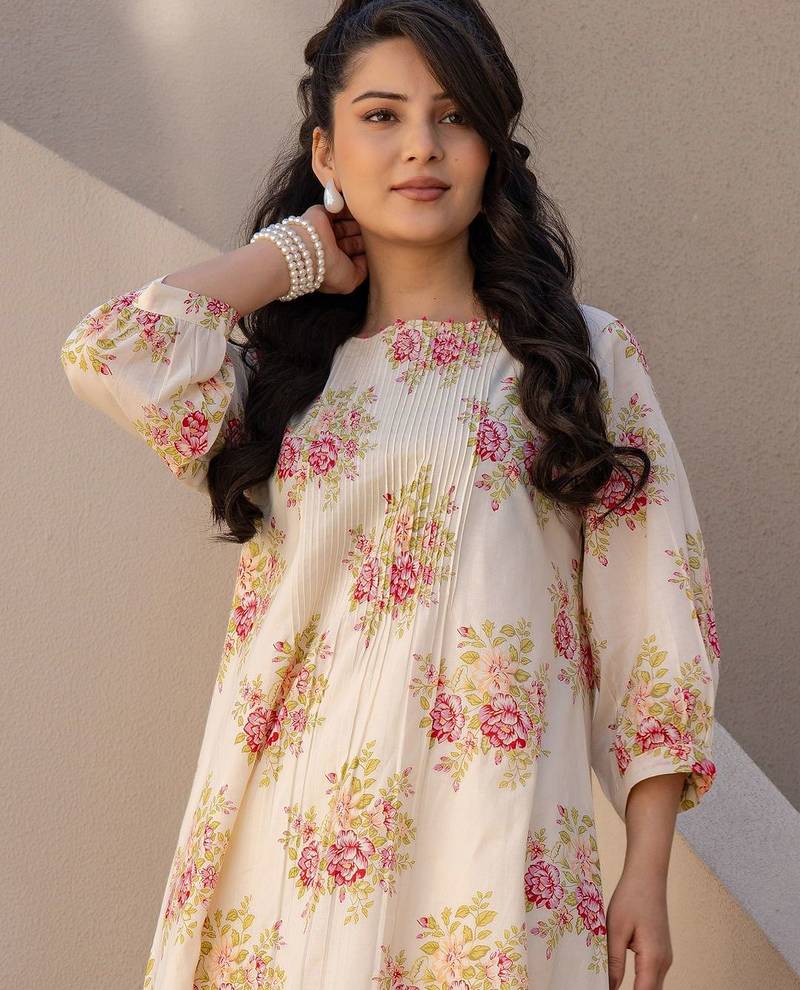Floral Printed A Line  Cotton Kurta With Trousers