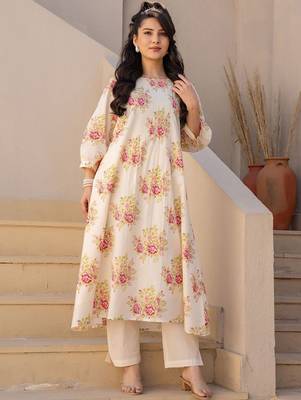 Floral Printed A Line  Cotton Kurta With Trousers 1