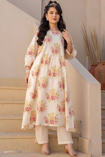 Floral Printed A Line Cotton Kurta With Trousers