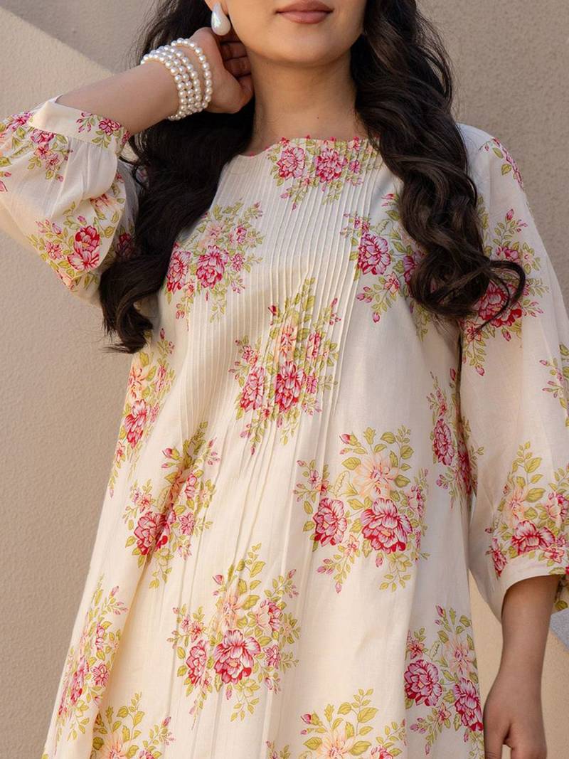 Floral Printed A Line  Cotton Kurta With Trousers