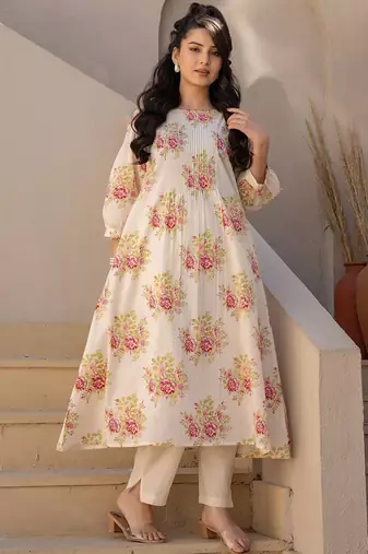 Floral Printed A Line  Cotton Kurta With Trousers