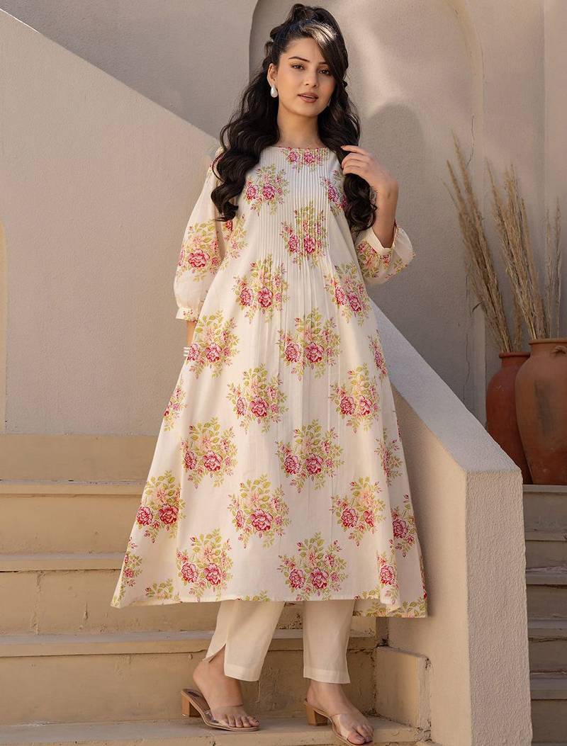 Floral Printed A Line  Cotton Kurta With Trousers