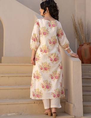Floral Printed A Line  Cotton Kurta With Trousers 5