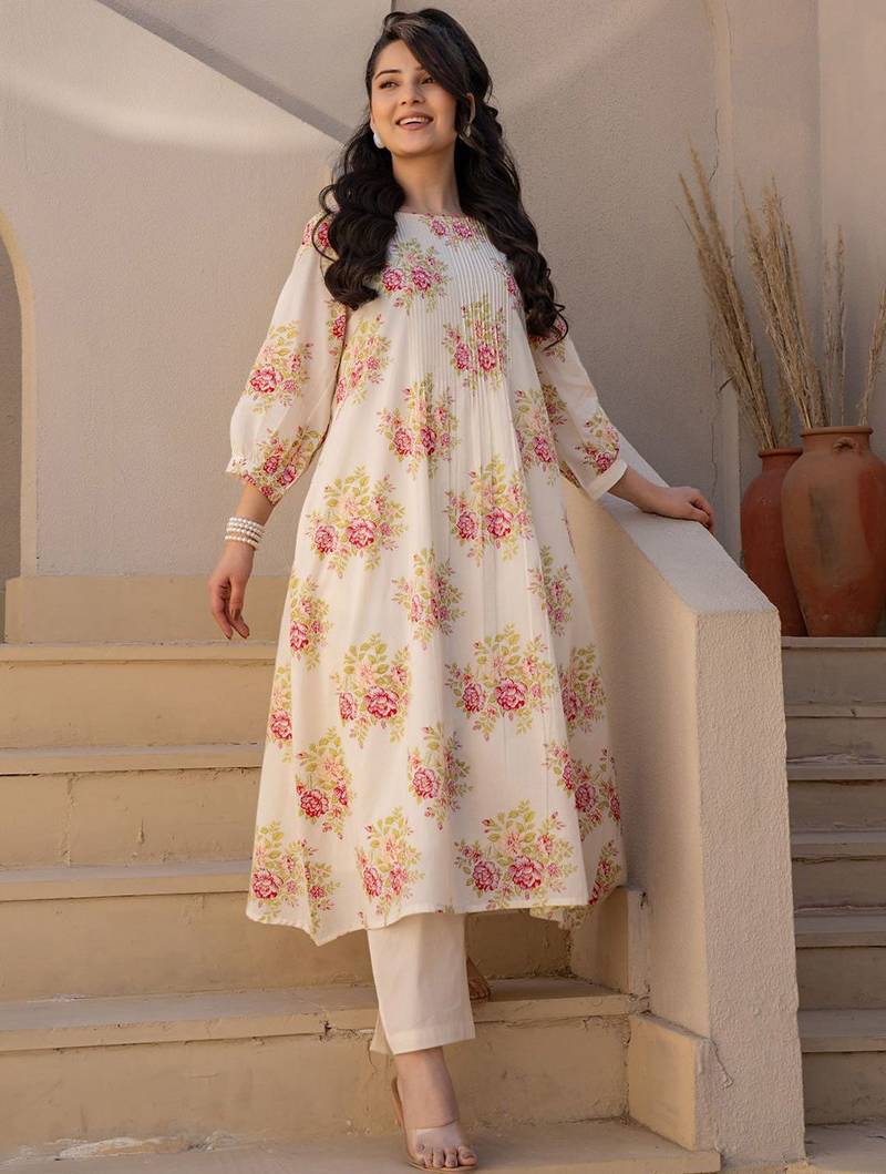 Floral Printed A Line  Cotton Kurta With Trousers