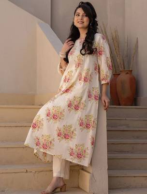 Floral Printed A Line  Cotton Kurta With Trousers 7