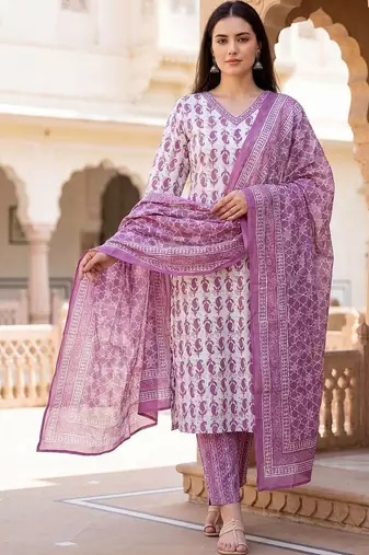 Women Ethnic Motifs Printed Regular  Cotton Kurta with Trousers & With Dupatta