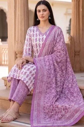 Women Ethnic Motifs Printed Regular  Cotton Kurta with Trousers & With Dupatta