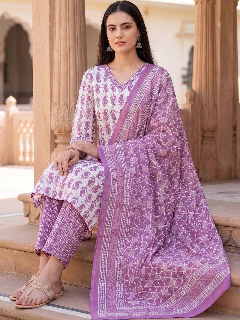 Women Ethnic Motifs Printed Regular  Cotton Kurta with Trousers & With Dupatta