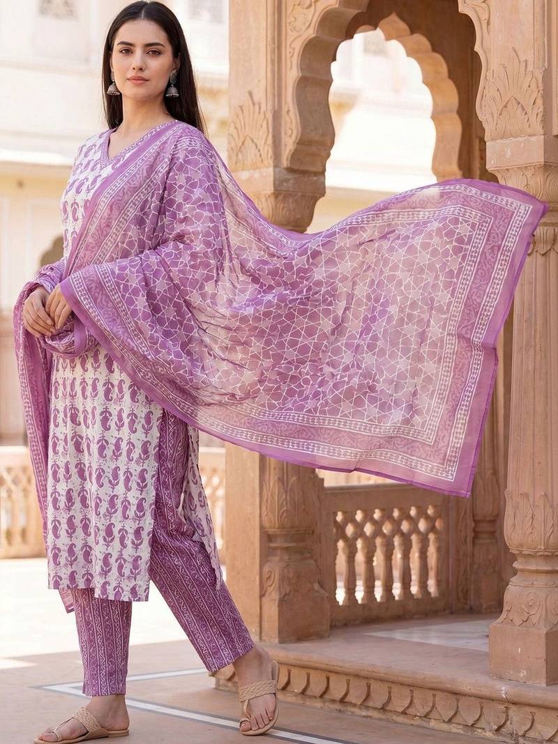 Women Ethnic Motifs Printed Regular  Cotton Kurta with Trousers & With Dupatta