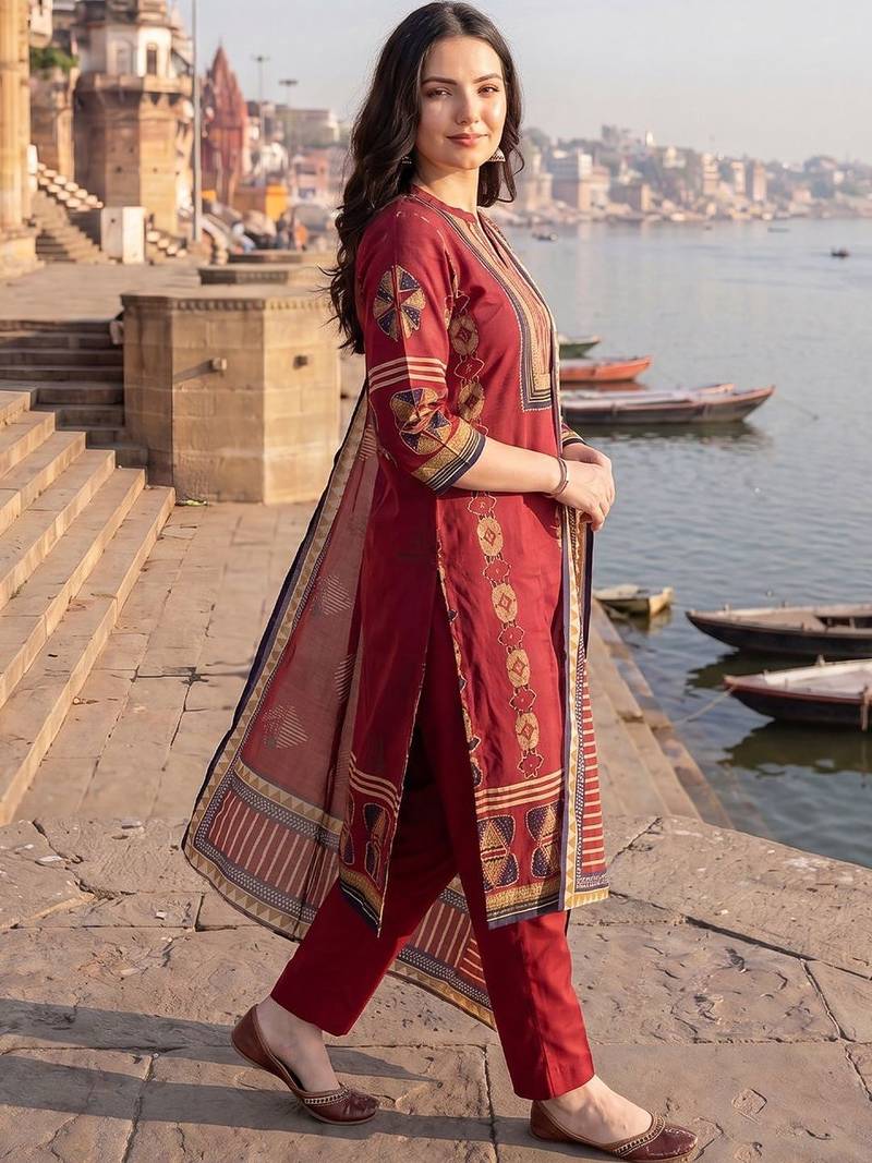 Women Ethnic Motifs Printed Regular  Cotton Kurta with Trousers & With Dupatta