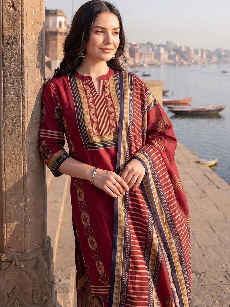 Women Ethnic Motifs Printed Regular  Cotton Kurta with Trousers & With Dupatta