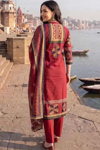 Women Ethnic Motifs Printed Regular  Cotton Kurta with Trousers & With Dupatta