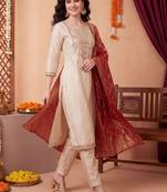 Women Ethnic Motifs Embroidered Regular Thread Work Kurta with Trousers & With Dupatta