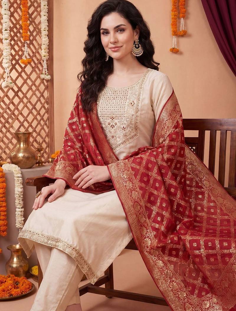 Women Ethnic Motifs Embroidered Regular Thread Work Kurta with Trousers & With Dupatta