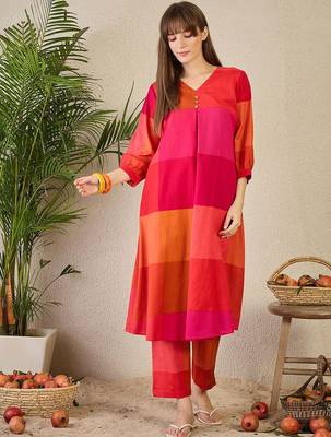 Adults-Women Colourblocked A-Line Kurta with Trousers 3