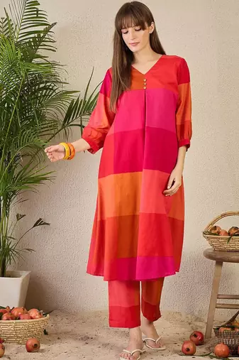 Adults-Women Colourblocked A-Line Kurta with Trousers
