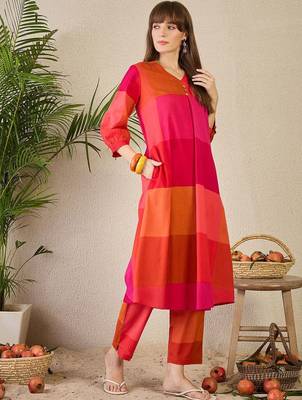 Adults-Women Colourblocked A-Line Kurta with Trousers 1