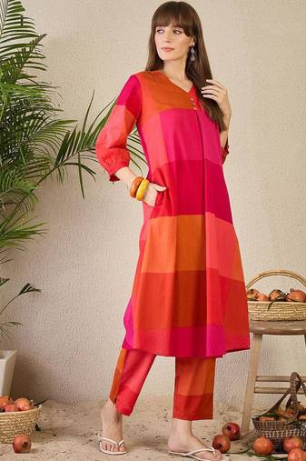 Adults-Women Colourblocked A-Line Kurta with Trousers