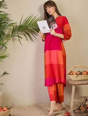 Adults-Women Colourblocked A-Line Kurta with Trousers 4