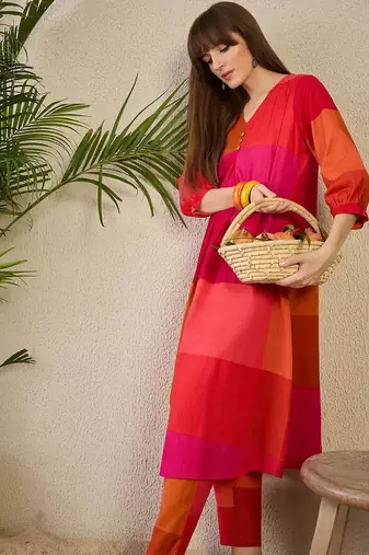 Adults-Women Colourblocked A-Line Kurta with Trousers
