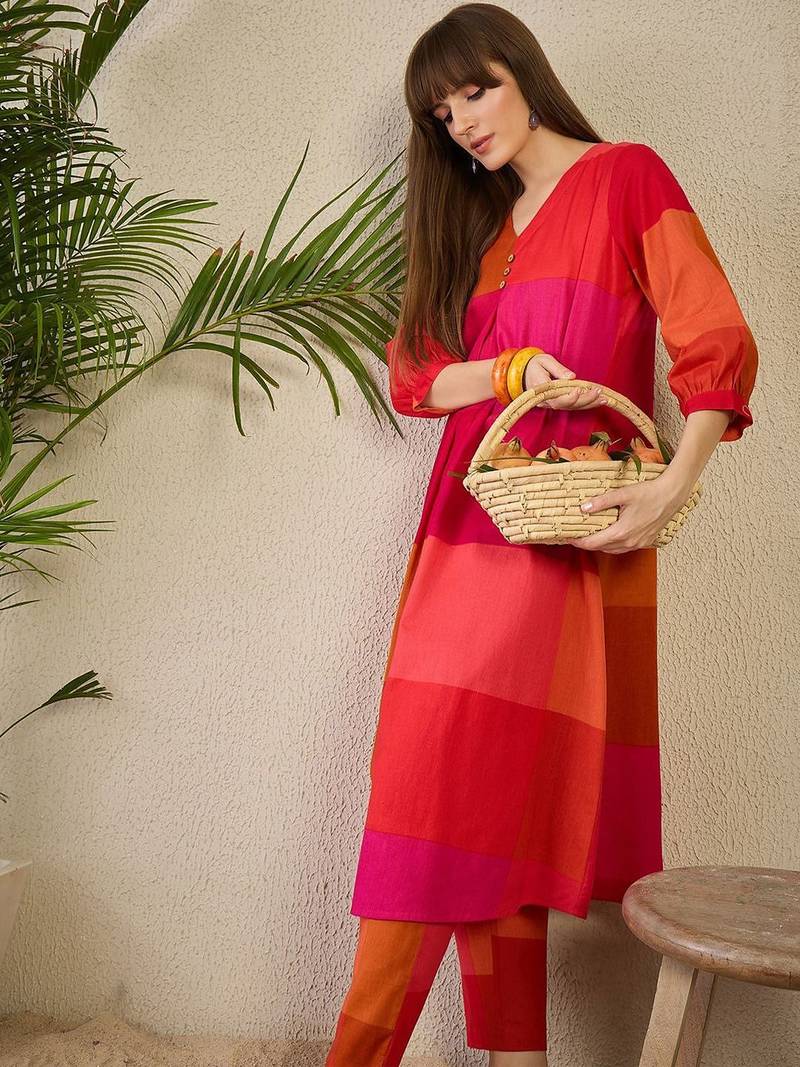 Adults-Women Colourblocked A-Line Kurta with Trousers