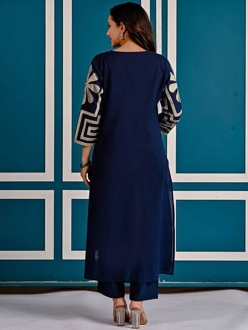 Women Embroidered Regular Thread Work  Cotton A-Line Kurta with Trousers