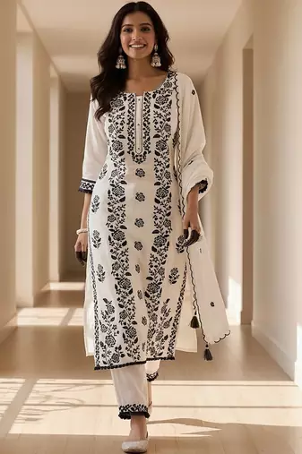 Ethnic Motifs Embroidered Regular Thread Work Kurta With Trousers & Dupatta
