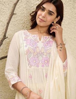 Floral Embroidered Mirror Work  Cotton A-Line Kurta With Trousers & Dupatta 1