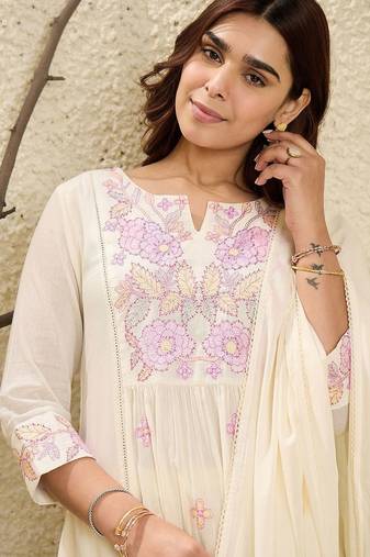 Floral Embroidered Mirror Work  Cotton A-Line Kurta With Trousers & Dupatta