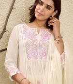 Floral Embroidered Mirror Work  Cotton A-Line Kurta With Trousers & Dupatta