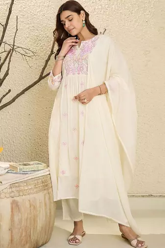 Floral Embroidered Mirror Work  Cotton A-Line Kurta With Trousers & Dupatta