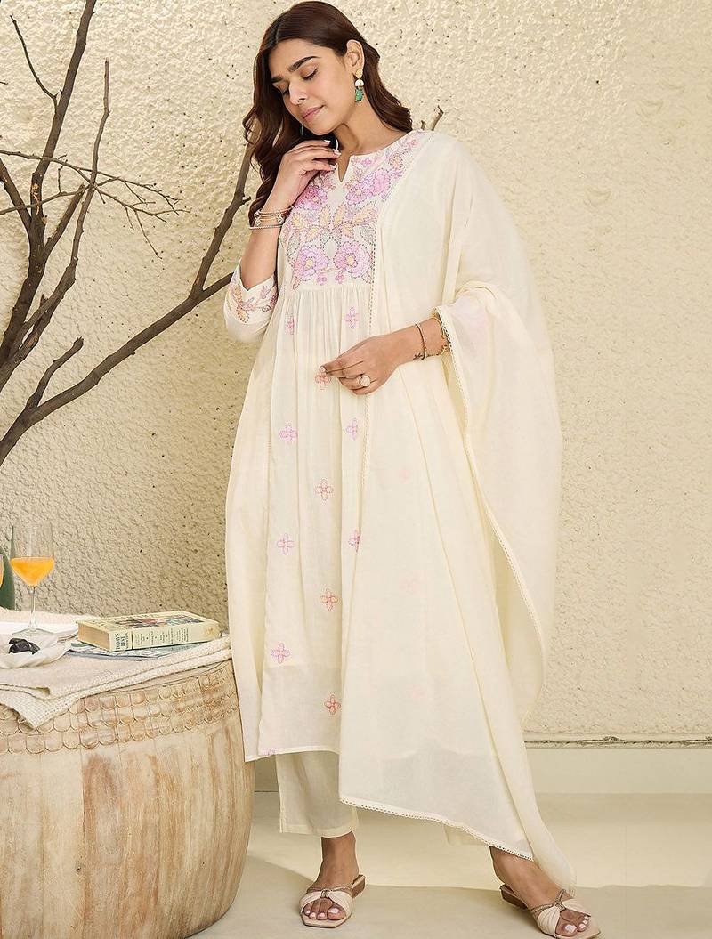 Floral Embroidered Mirror Work  Cotton A-Line Kurta With Trousers & Dupatta