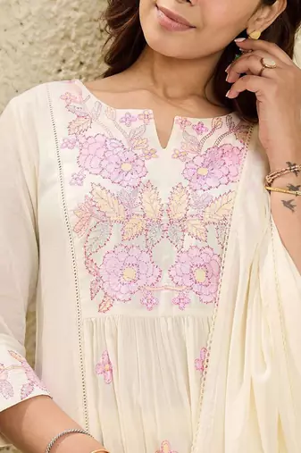 Floral Embroidered Mirror Work  Cotton A-Line Kurta With Trousers & Dupatta